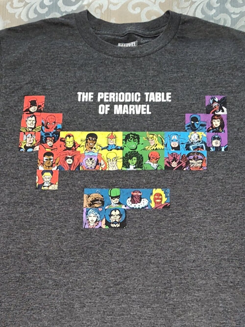 Marvel men's dark gray "The Periodic Table of Marvel" t-shirt, VG used cond., M